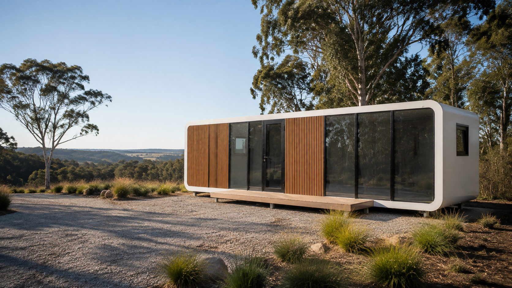 Photorealistic concept of an apple cabin installed in an Australian country setting