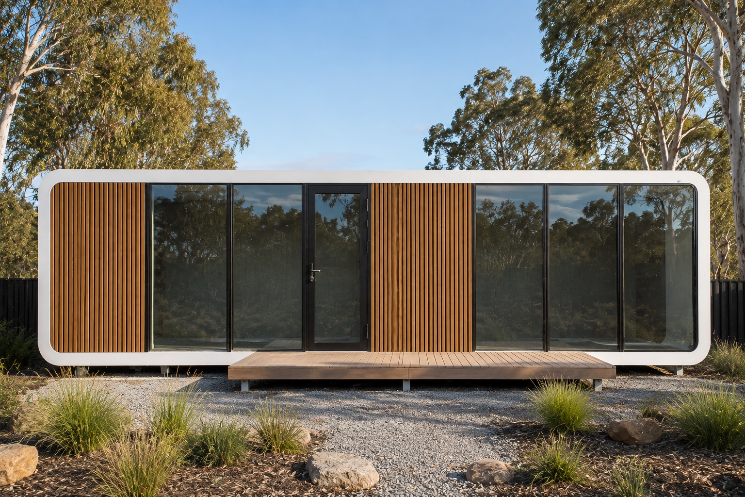 Front-view concept visualization of the whole apple cabin in a private garden