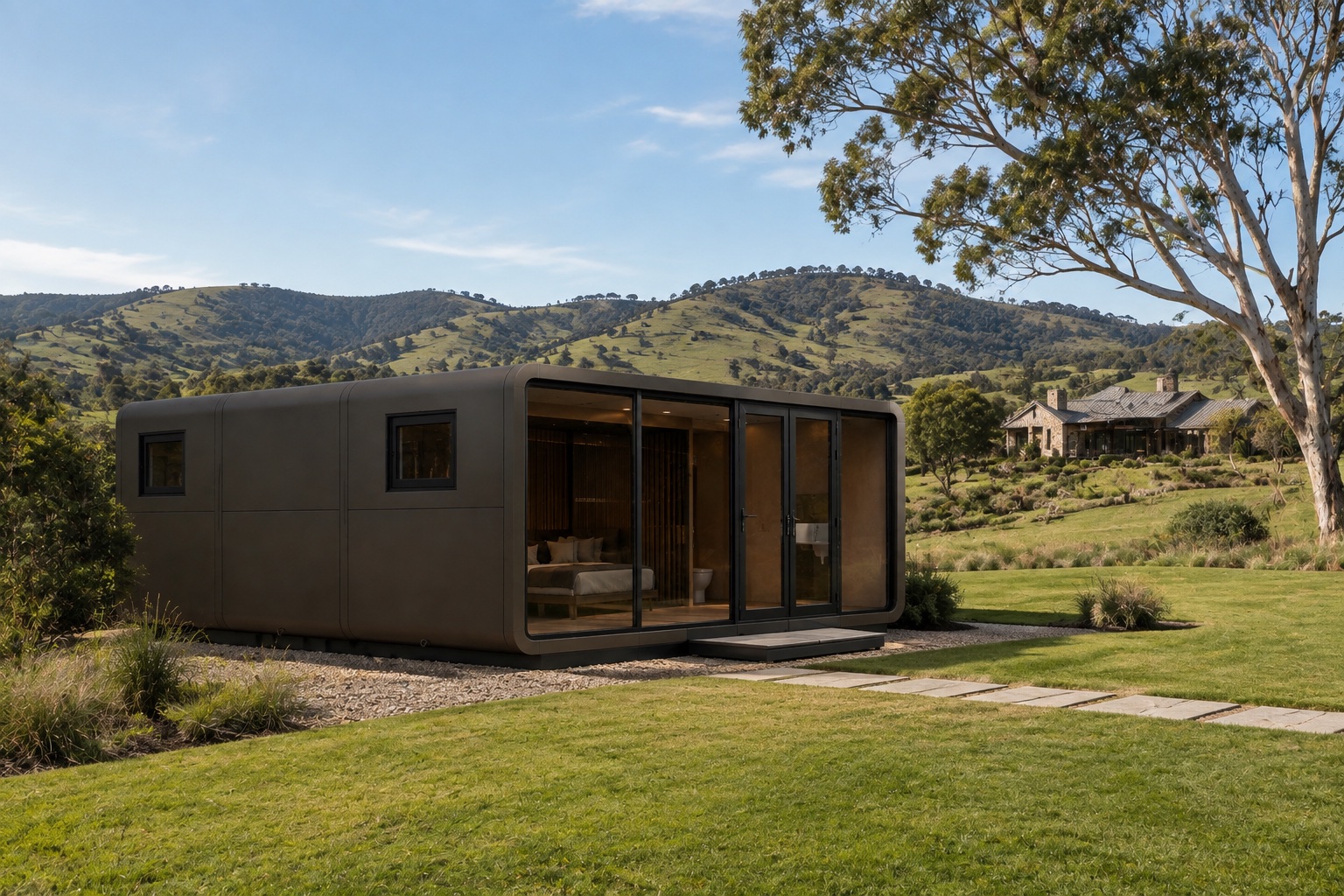 Concept visualization of the three-module cabin at a country estate